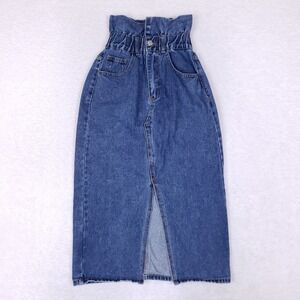 Shein Paperbag Waist Denim Midi Skirt XS Blue High Rise Front Slit Y2K Everyday